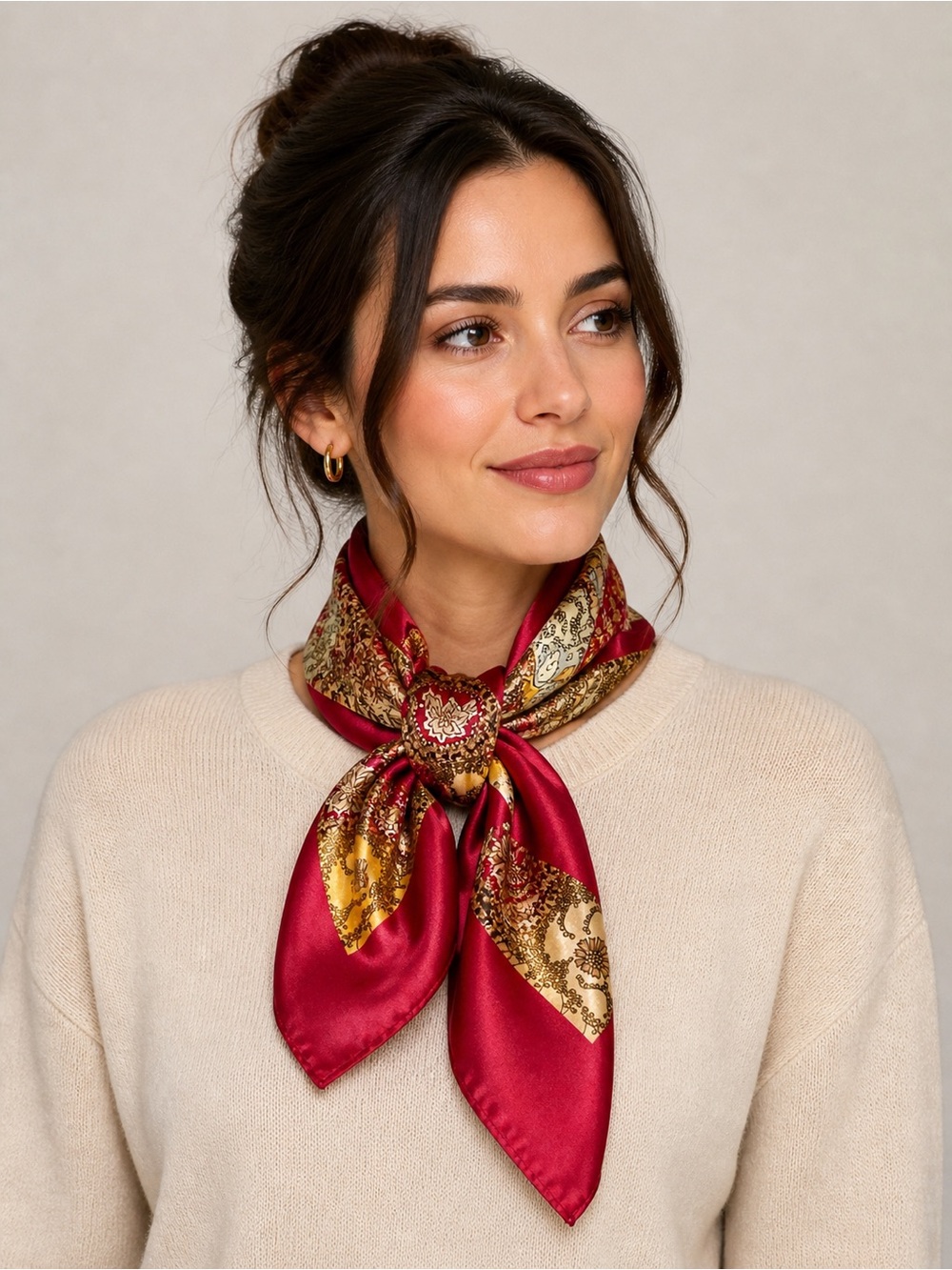 Boho Paisley Print Silky Satin Square Neck Scarf, Red Maroon Burgundy & Gold